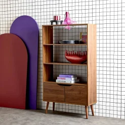 Walnut-effect bookshelf, 2 doors, 3 levels