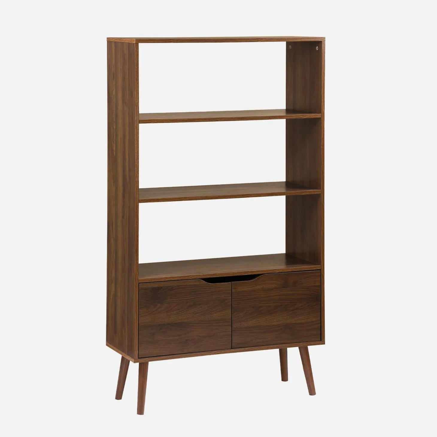 Walnut-effect bookshelf, 2 doors, 3 levels