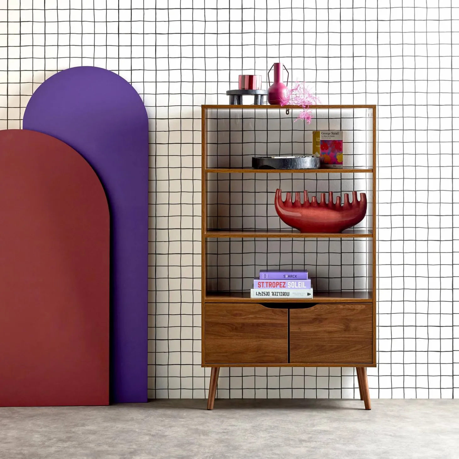 Walnut-effect bookshelf, 2 doors, 3 levels
