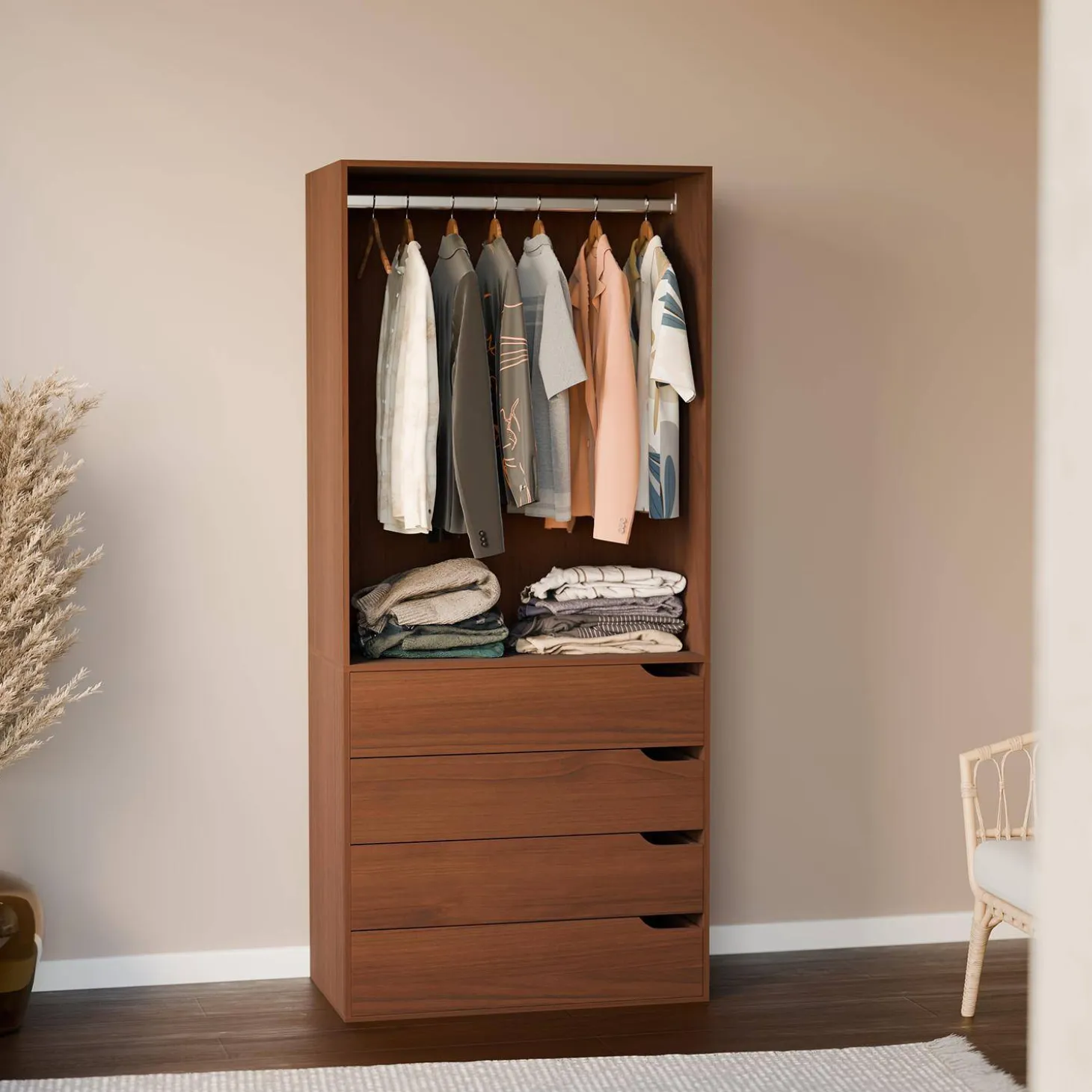 Wardrobe module with 4 drawers and 1 hanging rail wood decor