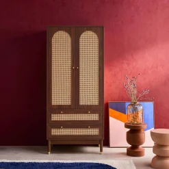 Wardrobe with 2 doors and 2 drawers, caning