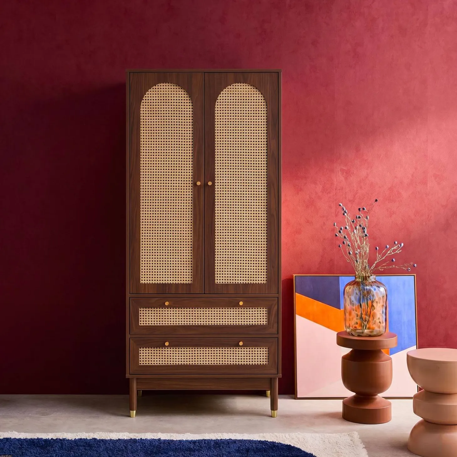 Wardrobe with 2 doors and 2 drawers, caning