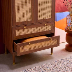 Wardrobe with 2 doors and 2 drawers, caning