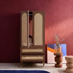 Wardrobe with 2 doors and 2 drawers, caning