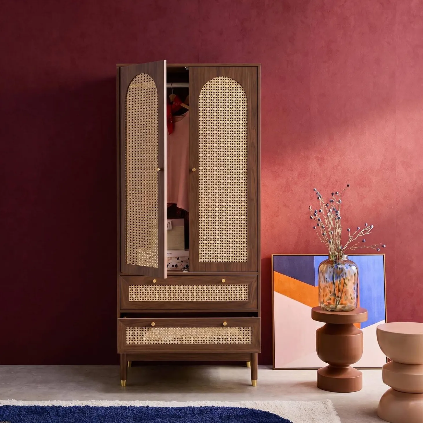 Wardrobe with 2 doors and 2 drawers, caning