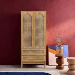 Wardrobe with 2 doors and 2 drawers, caning