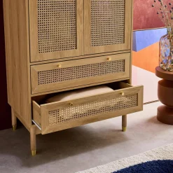 Wardrobe with 2 doors and 2 drawers, caning