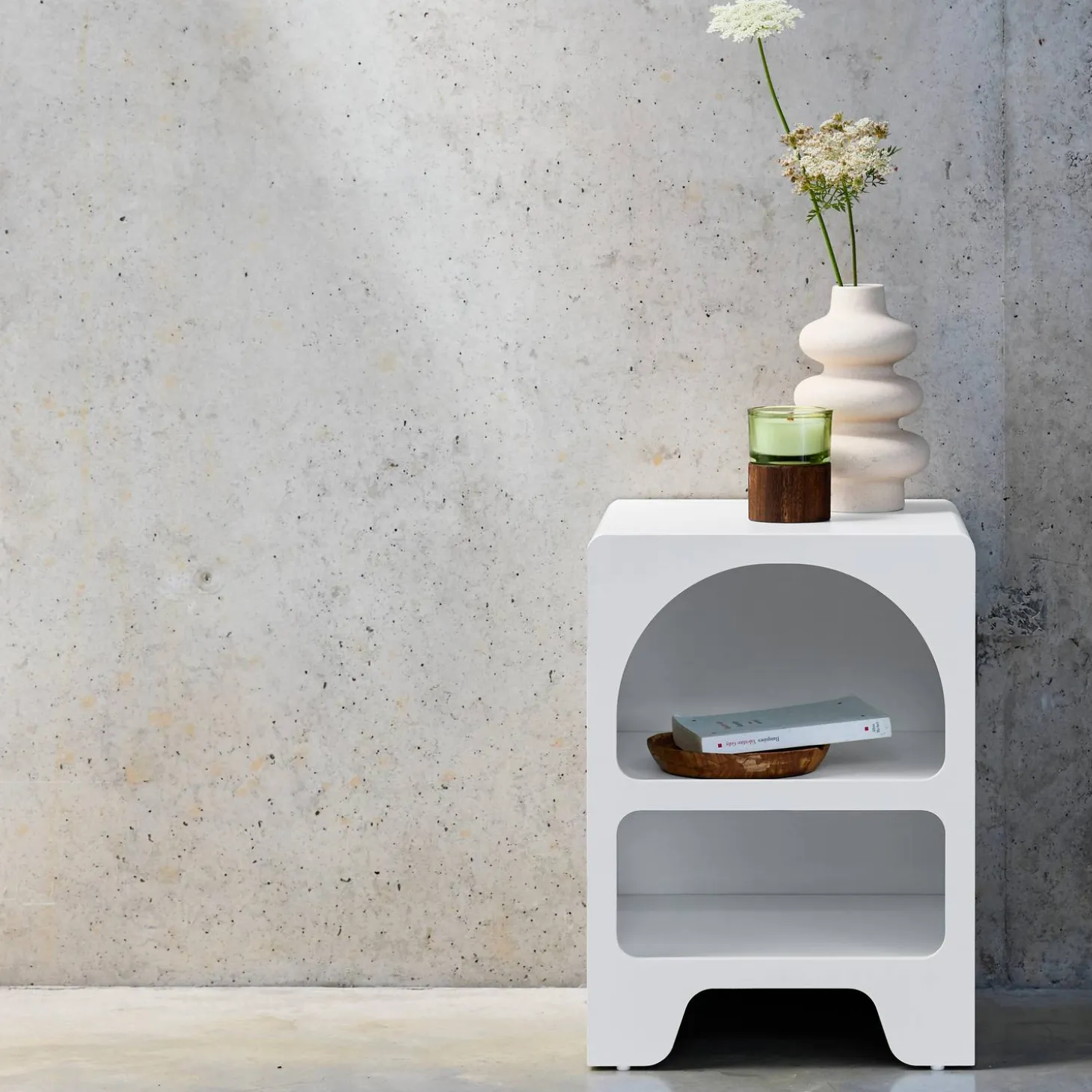 White wood-effect bedside table, 2 niches