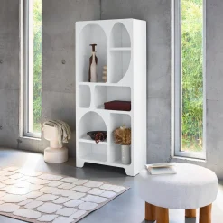 White wood-effect organic bookshelf with 8 compartments