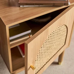 Wood and cane bedside table 1 door (set of 2)