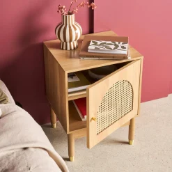 Wood and cane bedside table 1 door (set of 2)