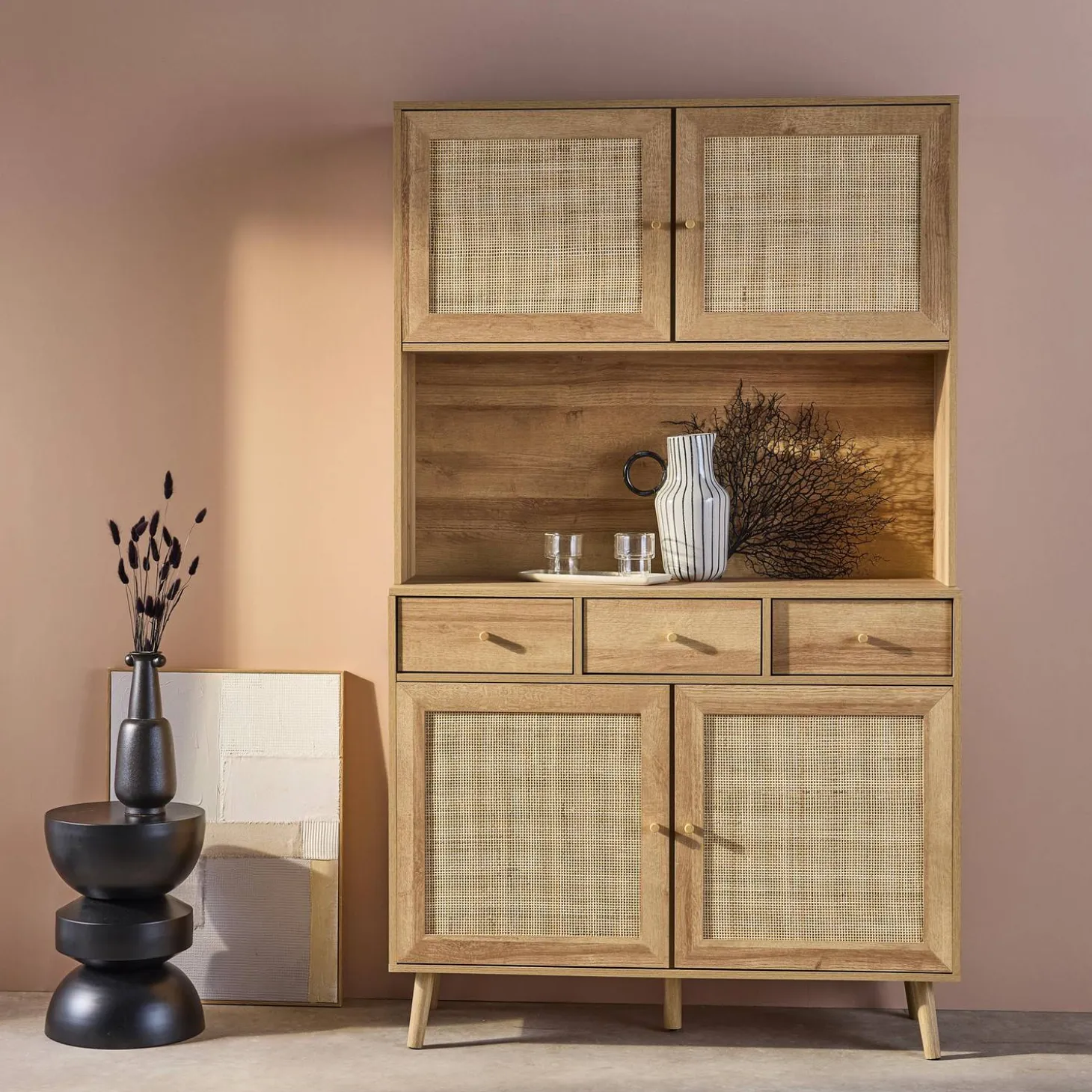 Wood and cane buffet with 4 doors and 3 drawers, 110 cm.