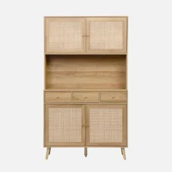 Wood and cane buffet with 4 doors and 3 drawers, 110 cm.