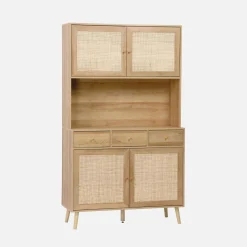 Wood and cane buffet with 4 doors and 3 drawers, 110 cm.