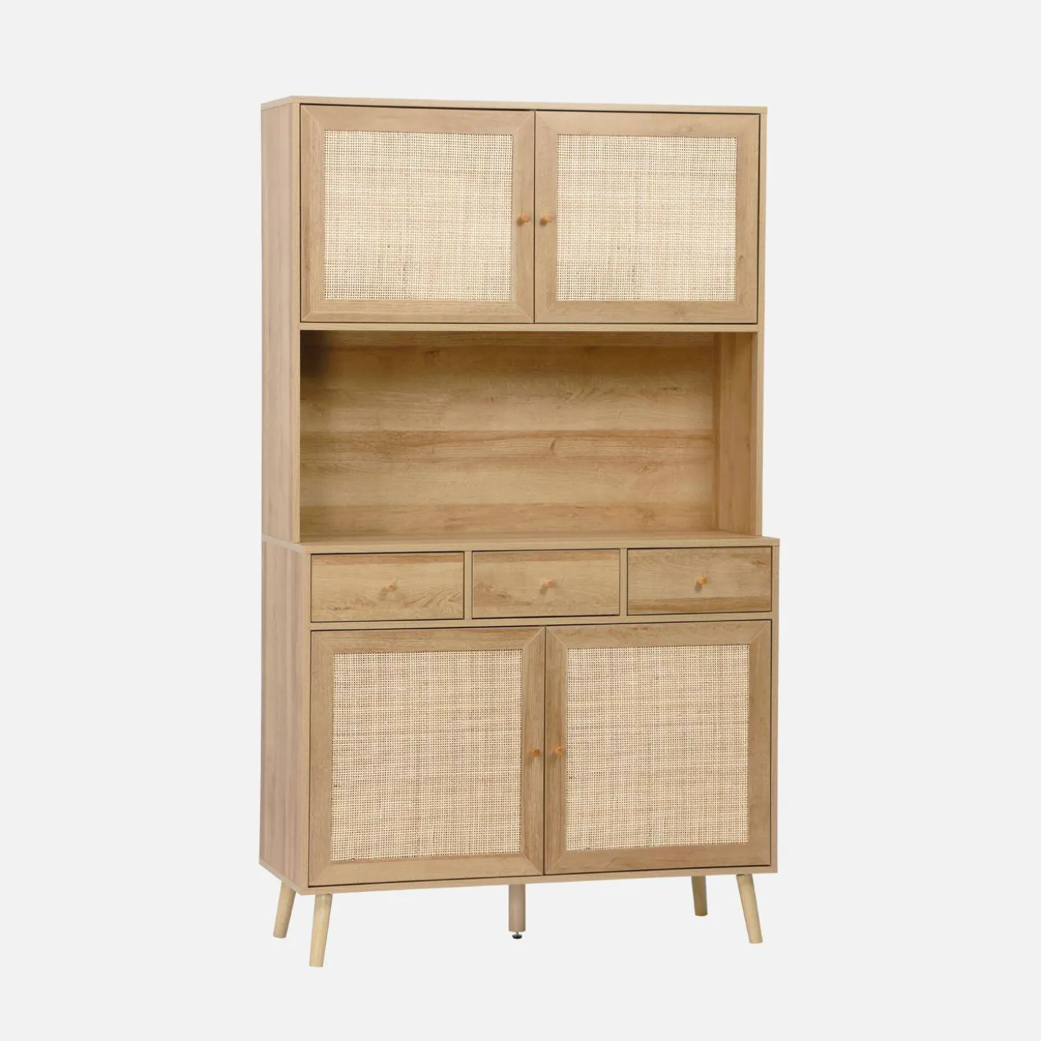 Wood and cane buffet with 4 doors and 3 drawers, 110 cm.