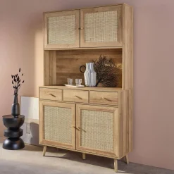 Wood and cane buffet with 4 doors and 3 drawers, 110 cm.