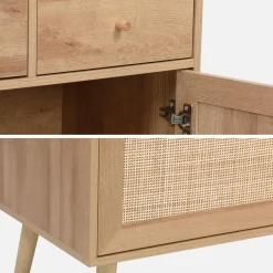 Wood and cane buffet with 4 doors and 3 drawers, 110 cm.