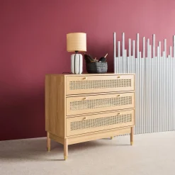 Wood and cane chest of drawers, 3 drawers