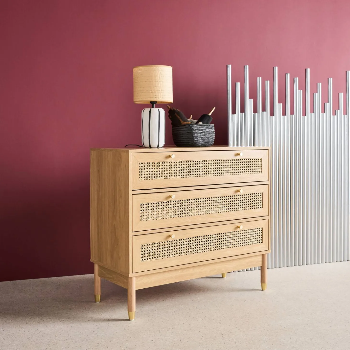 Wood and cane chest of drawers, 3 drawers