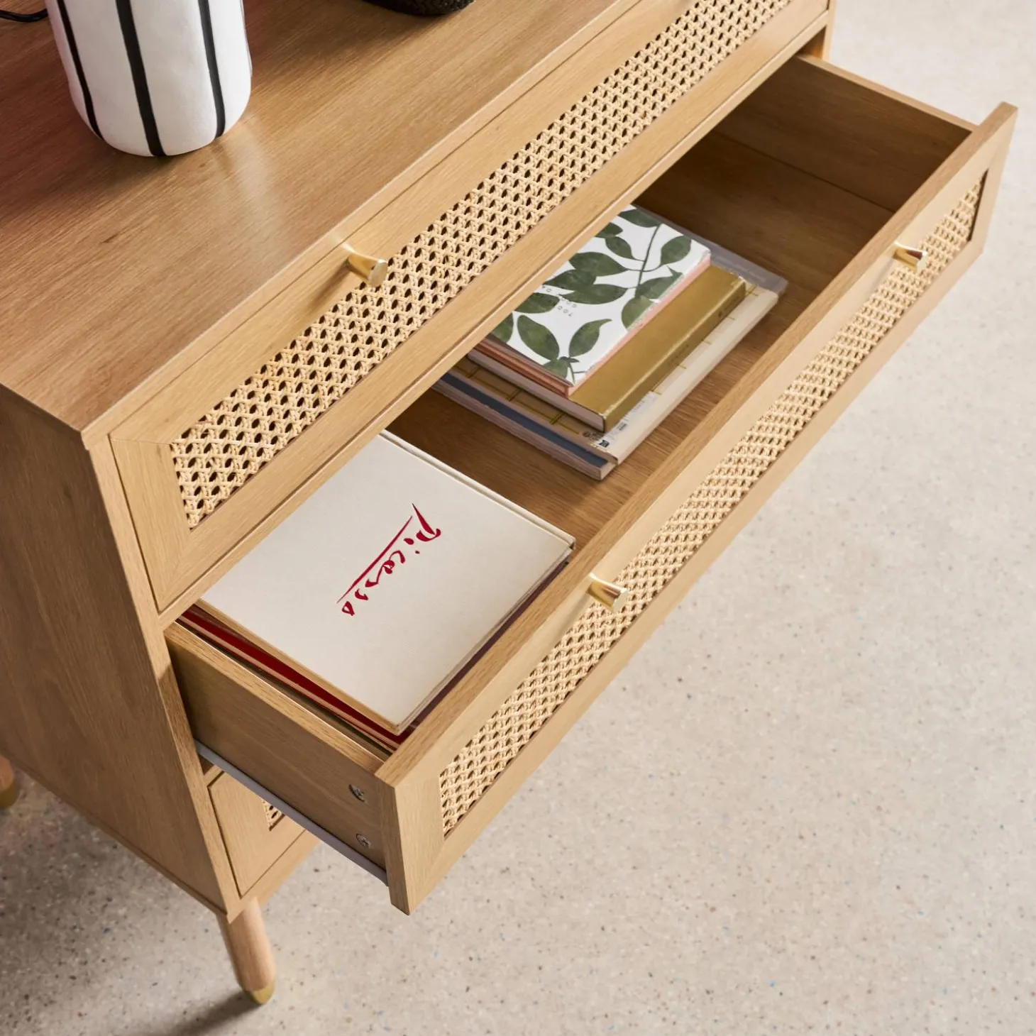 Wood and cane chest of drawers, 3 drawers