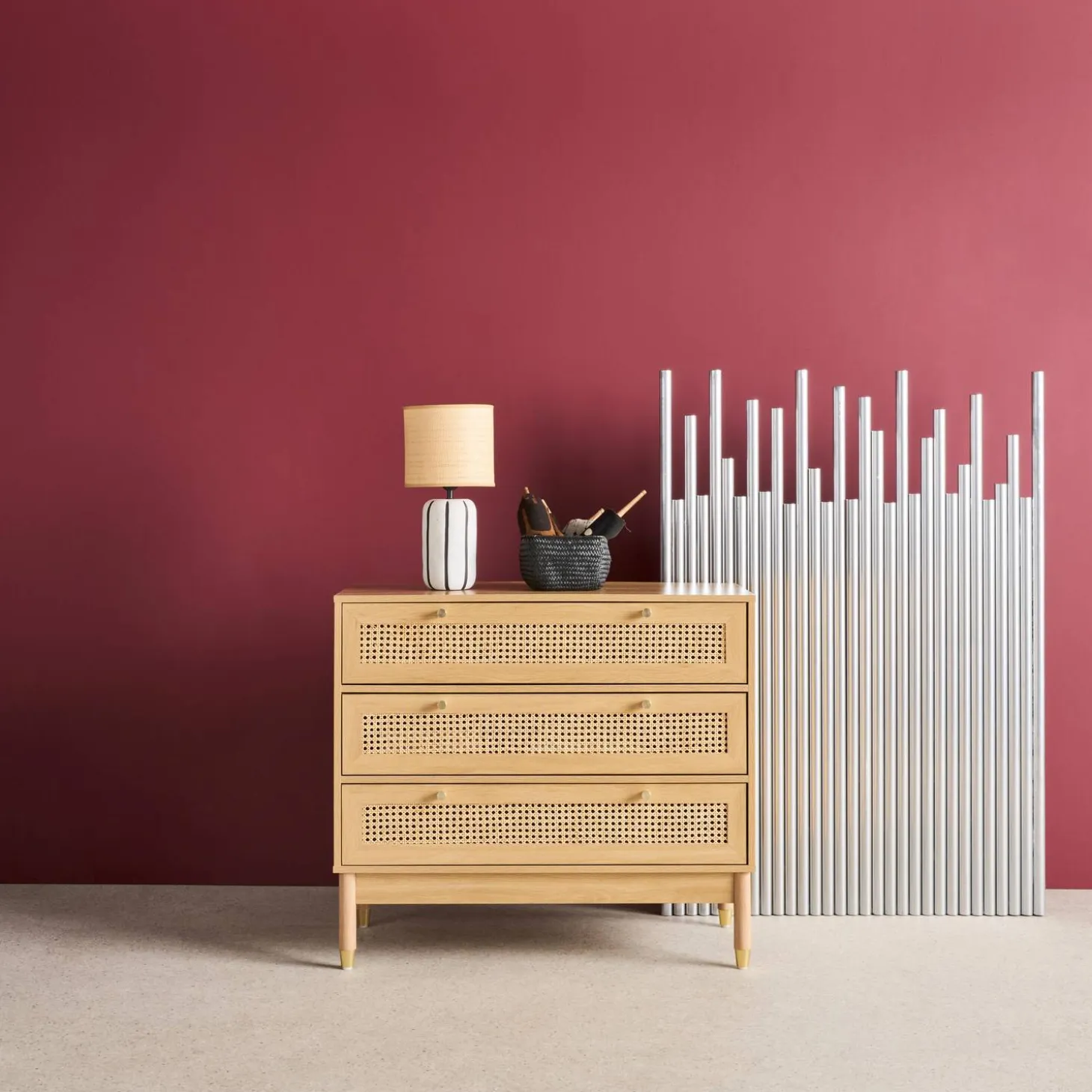 Wood and cane chest of drawers, 3 drawers