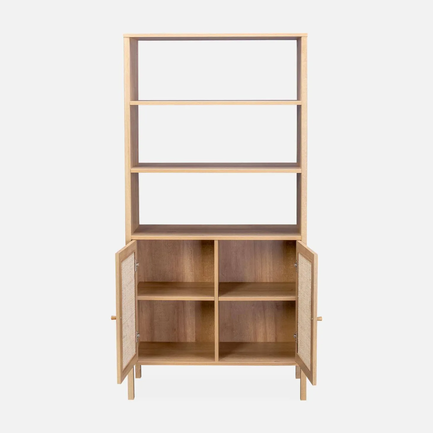 Wood and cane effect bookshelf, 4 levels