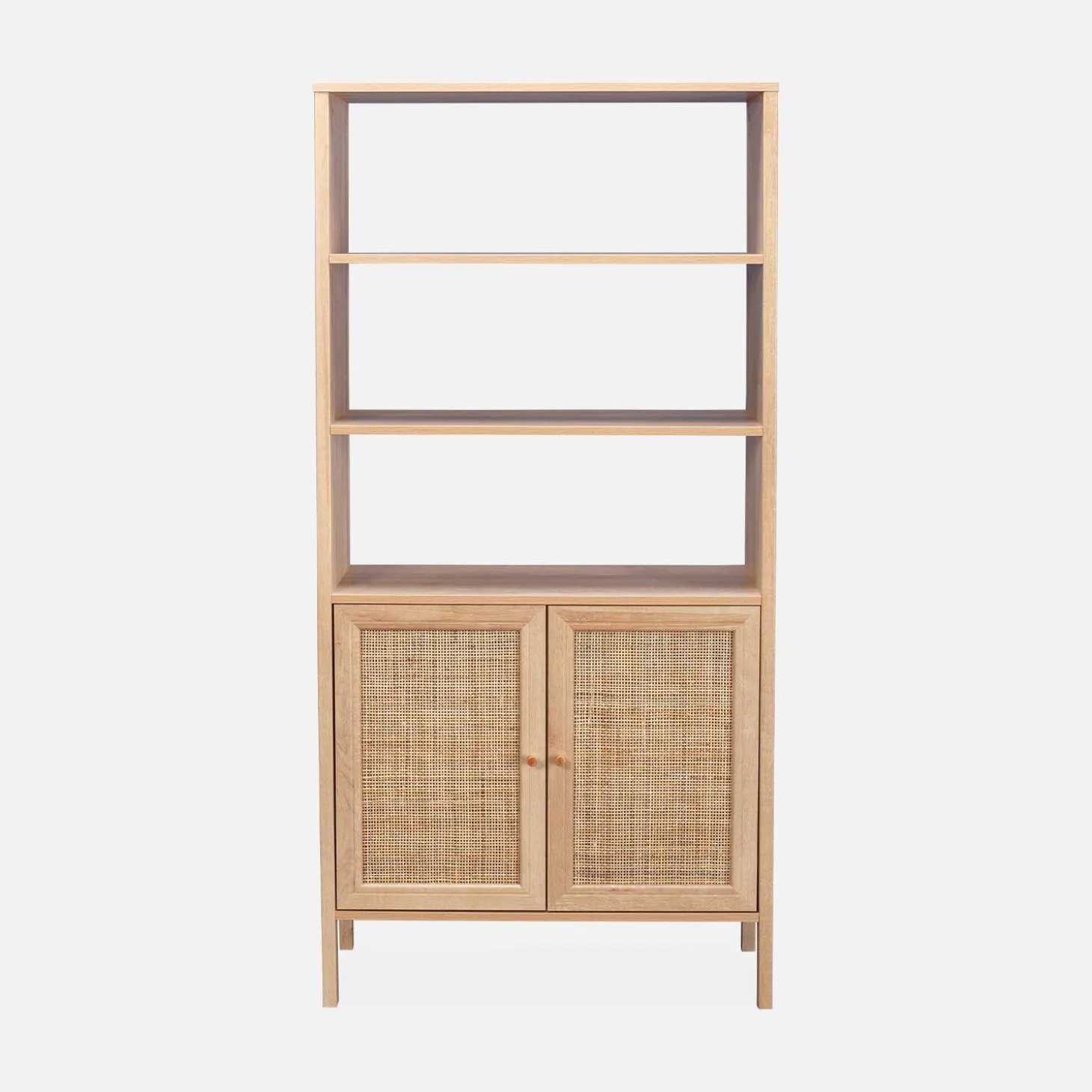 Wood and cane effect bookshelf, 4 levels