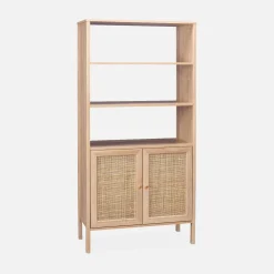 Wood and cane effect bookshelf, 4 levels