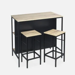 Wood and metal high table with 2 stools