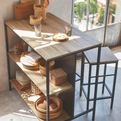 Wood and metal high table with 2 stools