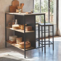 Wood and metal high table with 2 stools