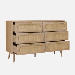 Wood and rounded cane chest of drawers, 6 drawers