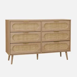 Wood and rounded cane chest of drawers, 6 drawers