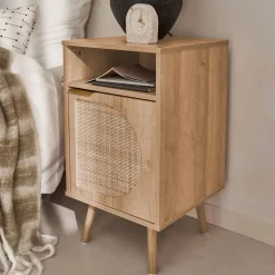 Wood and rounded cane rattan bedside table