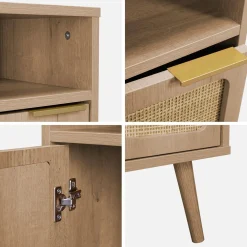 Wood and rounded cane rattan bedside table