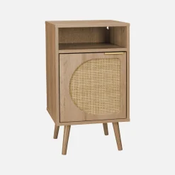 Wood and rounded cane rattan bedside table