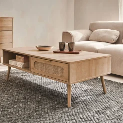 Wood and rounded cane rattan coffee table