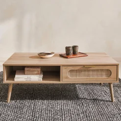 Wood and rounded cane rattan coffee table