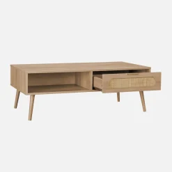 Wood and rounded cane rattan coffee table