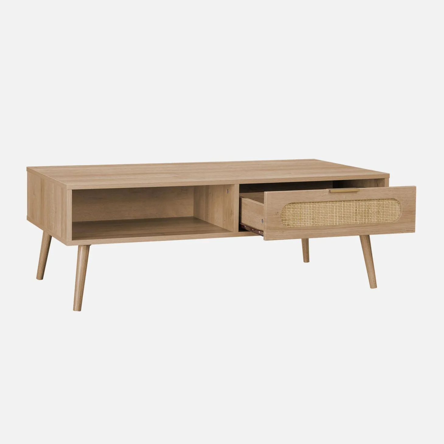 Wood and rounded cane rattan coffee table