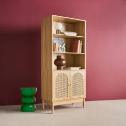Wood decor and cane bookshelf 4 levels 2 doors