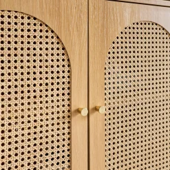 Wood decor and cane bookshelf 4 levels 2 doors