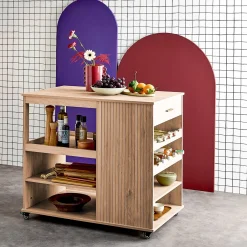 Wood decor kitchen island with wine rack L100cm
