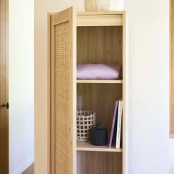 Wood effect and cane dressing cupboard, 1 door, 5 shelves