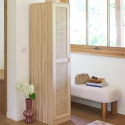Wood effect and cane dressing cupboard, 1 door, 5 shelves