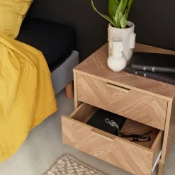 Wood-effect bedside table with herringbone pattern