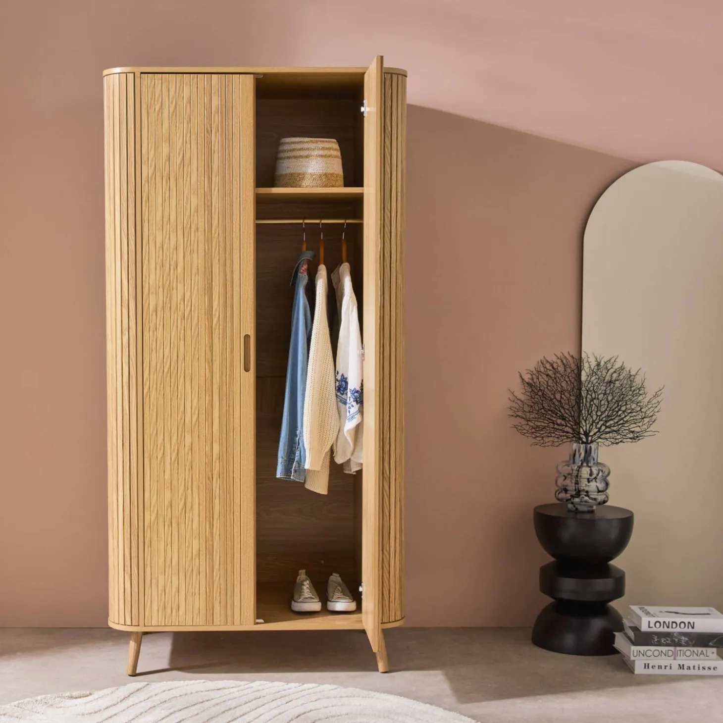 Wood effect cabinet with shelf and hanger