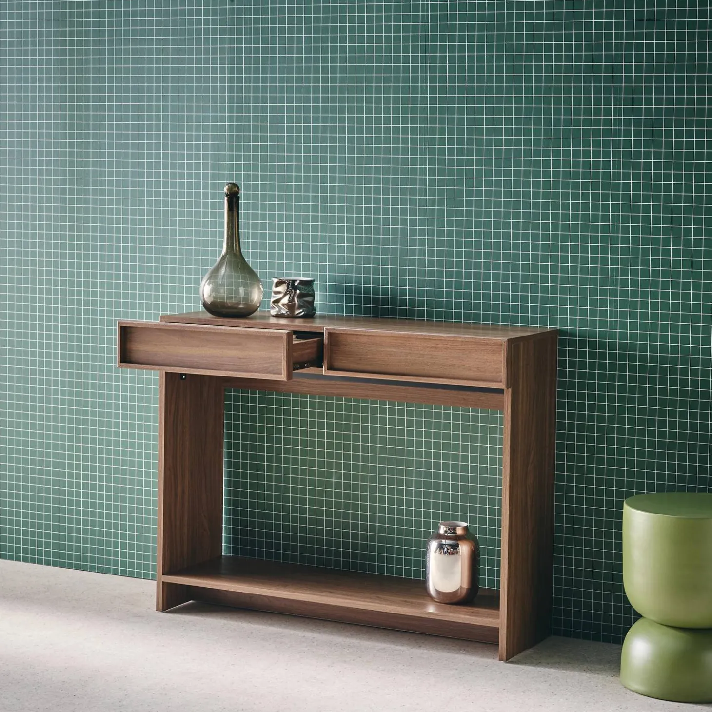 Wood effect console 2 drawers and shelf