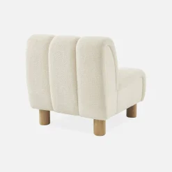Wooden armchair with rounded legs in boucle fabric