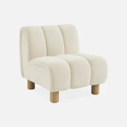 Wooden armchair with rounded legs in boucle fabric